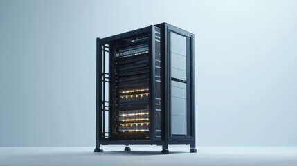 A server rack in a bright data center highlights organized, advanced technology.