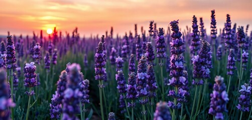 Soft lavender blossoms at sunset, dreamy purple hues, fragrant field, summer harvest,  floral,   summer landscape