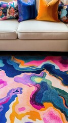 Colorful abstract rug and stylish cushions on a modern sofa in a cozy living room atmosphere with vibrant hues