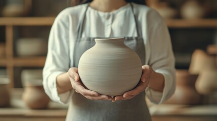 Crafting traditional pottery in a workshop setting with a skilled artisan presenting a freshly made clay pot during daylight hours