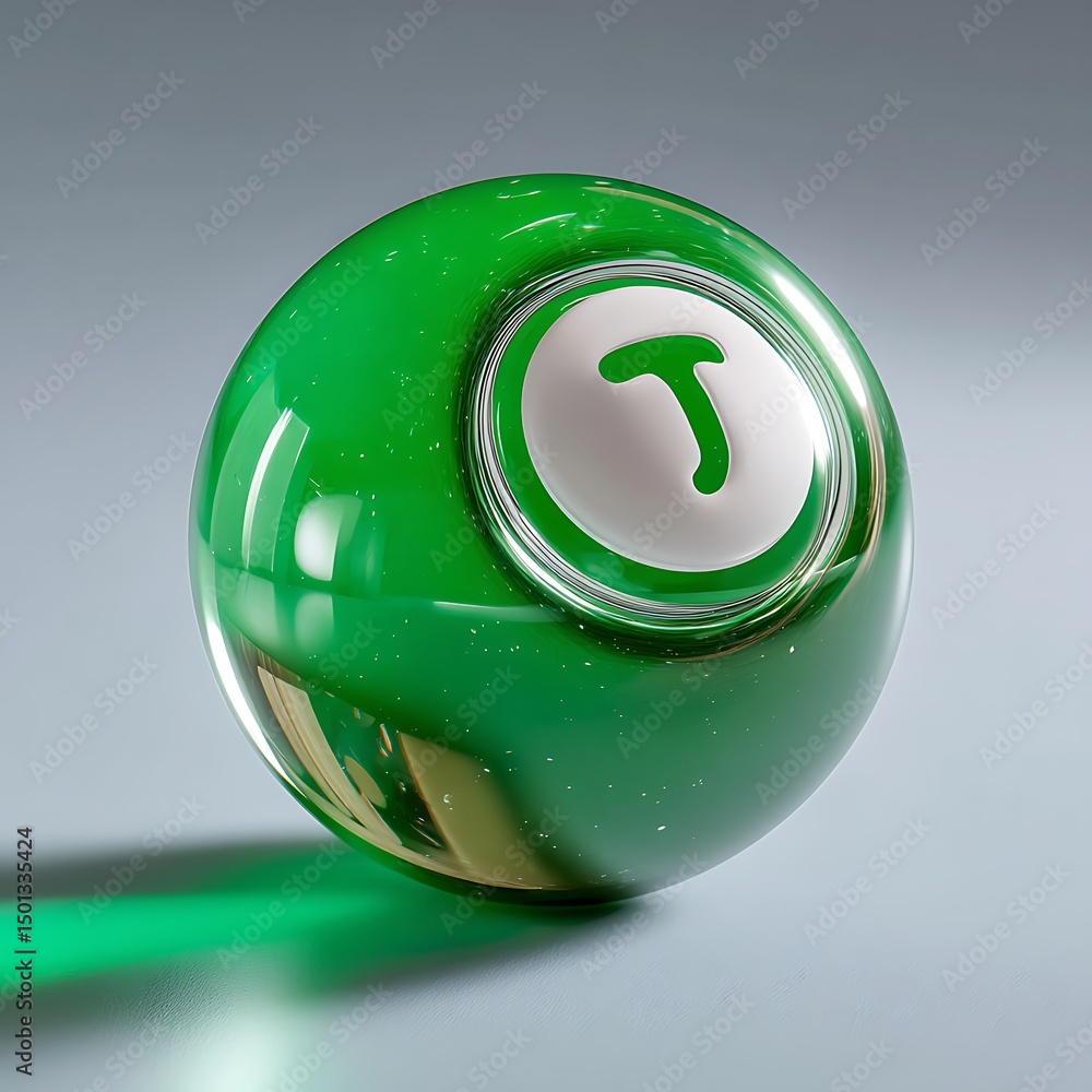 Poster glossy green sphere with letter t: artistic representation of round object with circular letter desi