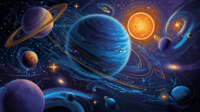 Diploma with planets in space, astronomy science educational certificate with solar system or alien galaxy objects. Graduation or award frame for students with cosmic world, Cartoon vector template