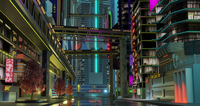 Futuristic Cyberpunk City Street at Night