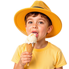 Boy in bright panama hat and t-shirt licking half-melted ice cream, transparent background