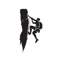 Vector illustration of a rock climber climbing with dynamic pose and full equipment, depicting extreme sports and adventurous spirit isolated on white background.