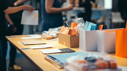 People browsing products at a trade show table