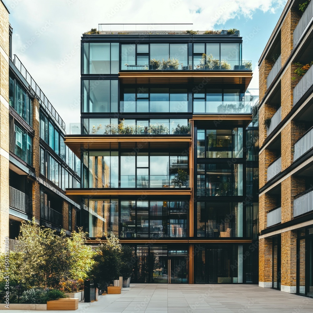 Poster modern architecture with glass and wood elements showcases a unique design. this image captures a st