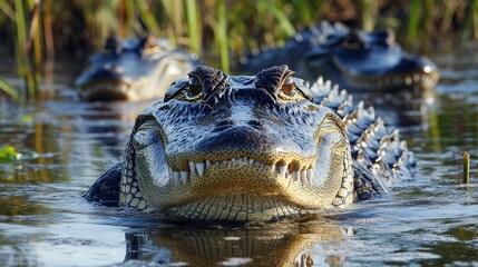 Obraz premium Menacing gaze of an alligator emerging from the depths of a swampy habitat