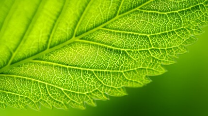 Close-up macro view of green leaf surface with shallow depth of field, showing natural texture, plant veins and organic pattern. Ideal for nature, botany and eco concept backgrounds