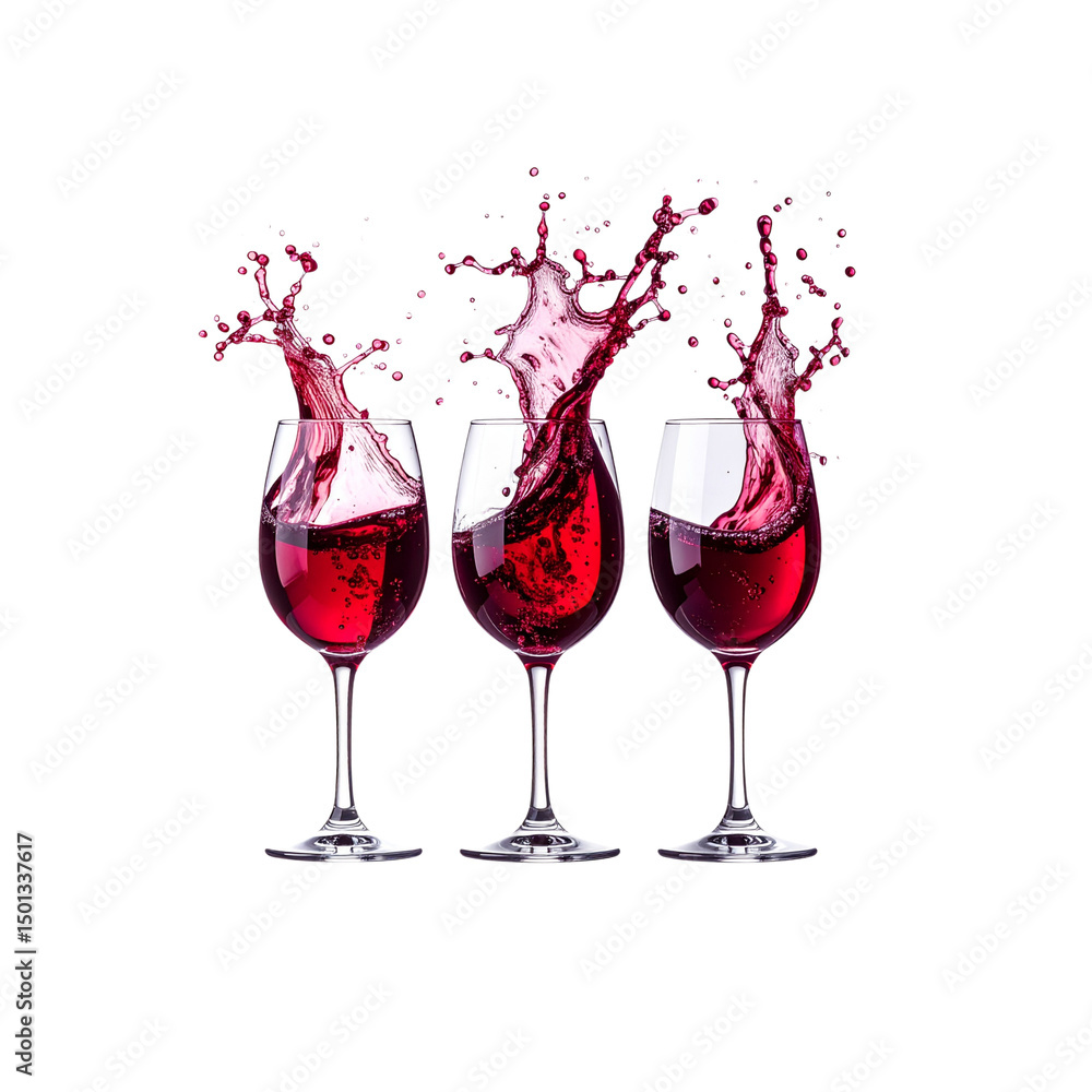 Poster three glasses red wine splashing dynamic elegant wet on transparent background