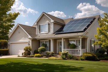 Rooftop Solar Panels on New Jersey House with Beige Siding and Shingle Roof Summer Sky Soft Shadows on Lawn Clean Energy Residential Solar Power Sustainable Home Renewable Energy Environmentally