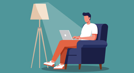 Man Working on Laptop Under Lamp in Cozy Armchair Home Office