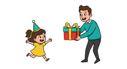 Animated girl with party hat running towards a man holding a gift