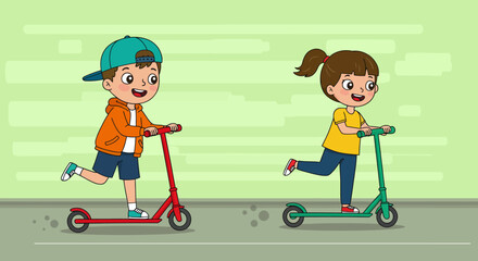 Cartoon Boy with Teal Cap and Girl with Ponytail Riding Scooters