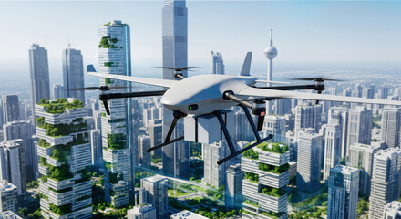 Drone parcel delivery modern technologies artificial intelligence goods delivery futuristic urban logistics e-commerce automation innovation smart city