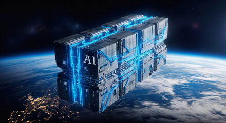 Futuristic artificial intelligence data center in space advanced space technologies computing network global digital infrastructure concept geometric space station AI.