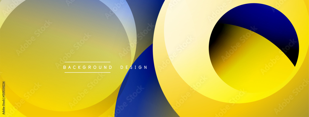 Aufkleber Abstract yellow, blue layers create dynamic visual. Overlapping circles suggest movement, depth. Text reads background design. Modern aesthetic.