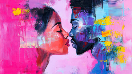 Intimate portrait of couple sharing kiss vibrant colors emotional expression abstract art love connection modern style romantic