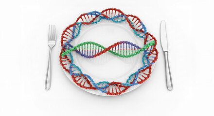 Conceptual illustration fork knife plate DNA molecules high technologies nutrition personalization genetic technologies food improvement solving hunger problems future.