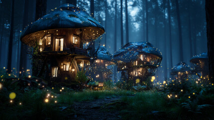 Fototapeta premium Gnome mushroom houses in night forest. Vector cartoon illustration of fly agaric hut with door and windows in grass on dark wood glade, fireflies glowing with neon light between trees, game background