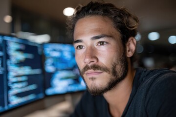 An intense young man deeply immersed in coding at a high-tech workstation, with multiple screens showcasing code, representing dedication and the tech-savvy lifestyle.