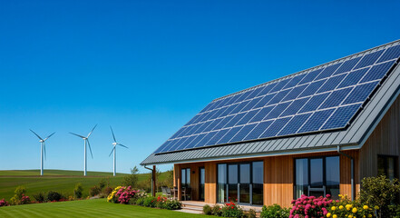 Green energy in real life solving climate problems with technology solar panels rooftop installation renewable sustainability eco friendly solution future concept