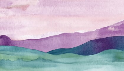 serene watercolor landscape of purple mountains and green hills for web design, poster print, or minimalist branding backdrop

