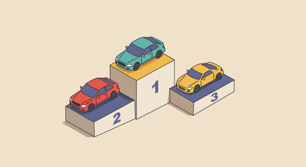 Isometric Illustration of Podium with Three Colorful Toy Cars Representing Winners