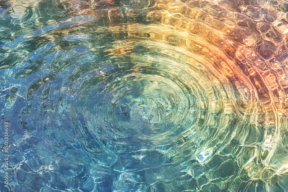 Aufkleber a single ripple in a pool of water, creating concentric circles with a vibrant rainbow of colors.