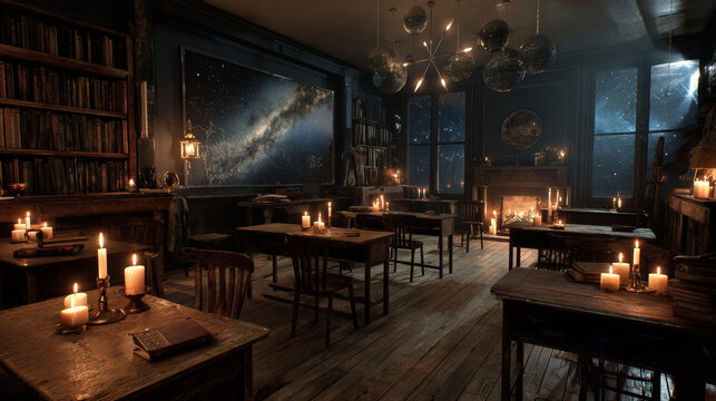 Magic school classroom interior at night. Vector cartoon illustration of dark room with old wooden desks and chairs, ancient books on shelves, blackboard on wall, candle light, starry sky in window