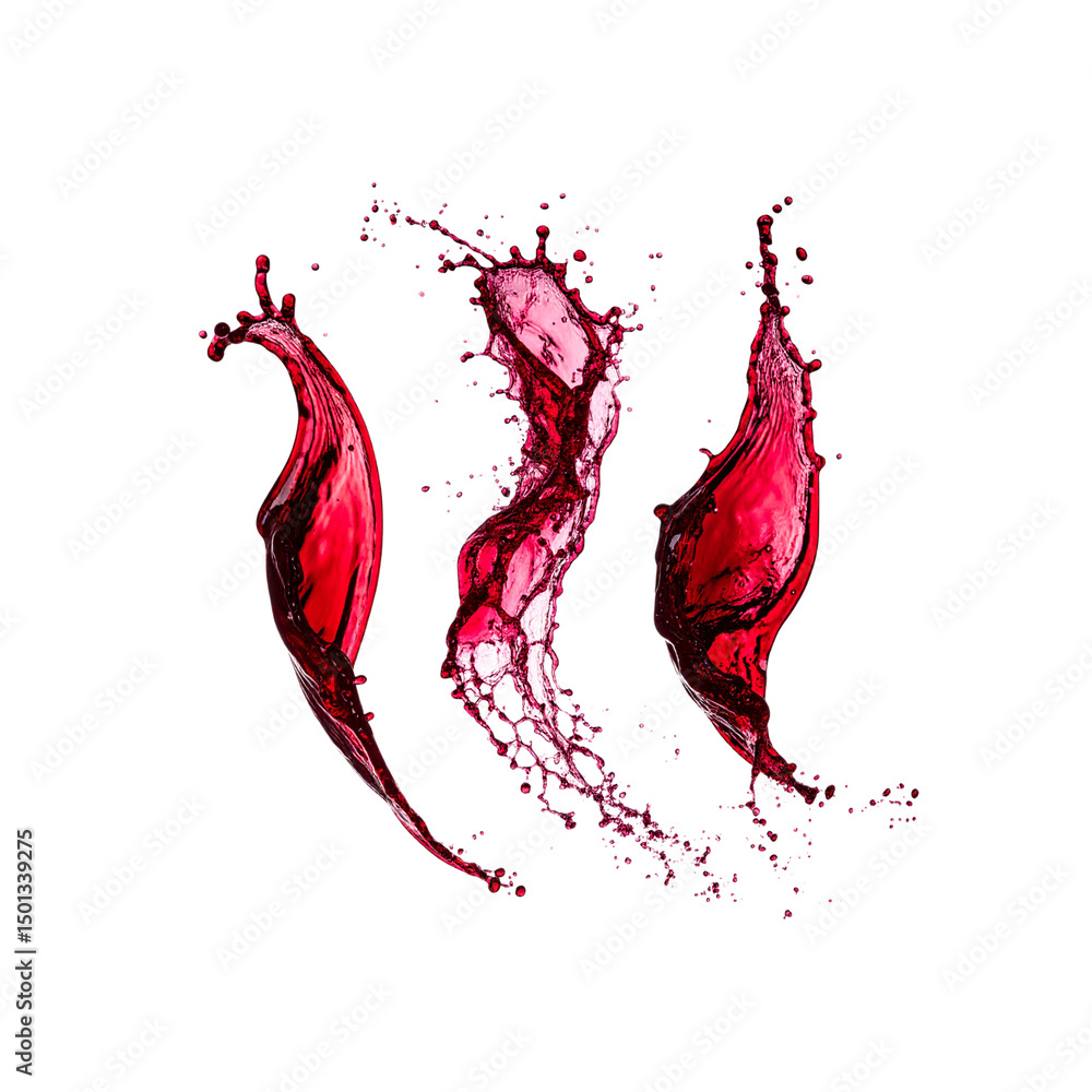 Poster three red wine splashes isolated on flow dark food on transparent background