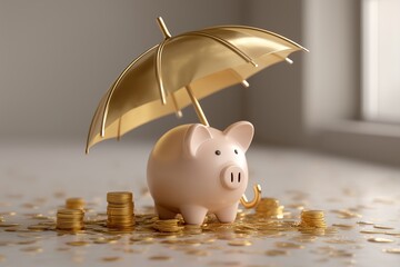 Piggy Bank Protected by Gold Umbrella with Falling Coins, Financial Planning and Insurance Concept, Neutral Tones, Sharp Realism, Savings Security, Investment Protection, Wealth Management