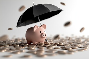 Umbrella Shielding Piggy Bank from Airborne Coins, Golden Tones with Clean Minimalist Background, Wealth Defense Symbol, Savings Management, Financial Protection Concept, Investment Security