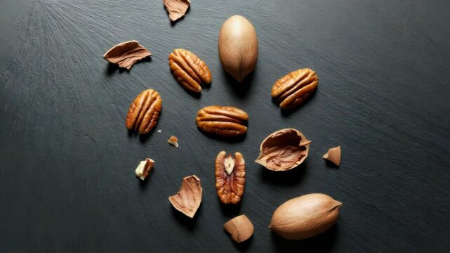 Pecans and shells scattered on dark surface