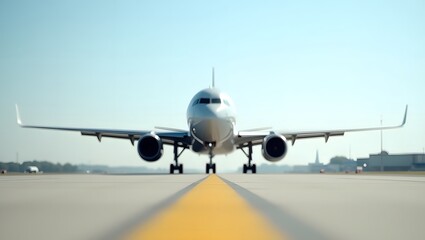 Modern Airliner Positioned on Airport Runway Under Clear Sky