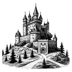castle sketch engraving black and white outline. Scratch board imitation.  illustrated in vintage line art style on a white background.