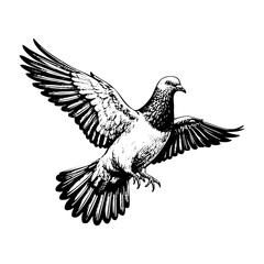 Fototapeta premium Pigeon flying while spread wings engraving black and white outline. Scratch board imitation.