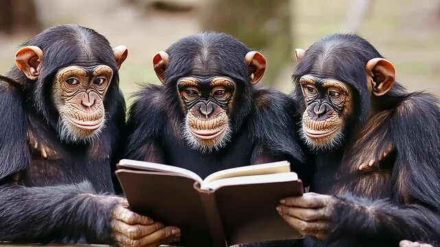 Three chimpanzees intently reading a book together in a serene outdoor setting surrounded by nature