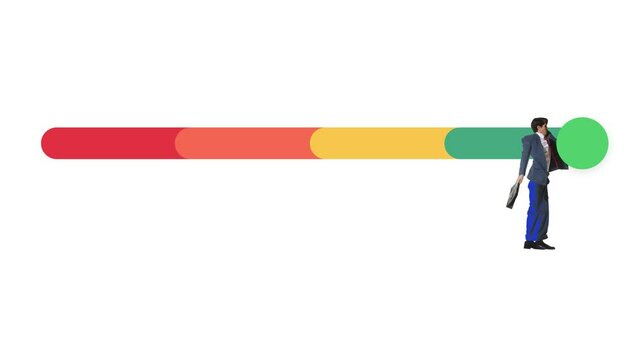 Man running through scale bar. Satisfaction scale driven by client reviews and brand performance metrics. Animation. Stop motion. Progress, service quality, user influence, testimonials concept