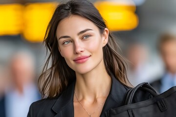 Confident Woman in Business Attire Passing Digital Stock Ticker on Wall Street with Laptop Bag, Crowd of Professionals, Dynamic Movement, Financial District, Business Technology, Urban Career Scene