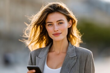 Woman Entrepreneur Striding Past Historic Wall Street Buildings Holding Smartphone with City Skyline and Warm Late Afternoon Sunlight, Business Power, Purpose, Urban Finance District, Professional