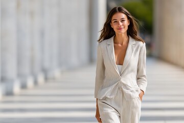 Woman Walking Near Stock Exchange Marble Columns in Neutral Business Suit with Clear Authority, Historic Financial District, Urban Business Scene, Corporate Confidence, City Architecture