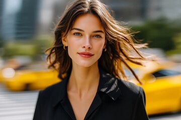 Young Professional Woman Walking Through NYC Financial District with Blurred Cabs and Pedestrians, Skyscrapers Forming Geometric Background, Business Elegance, Urban Business Scene, City Life