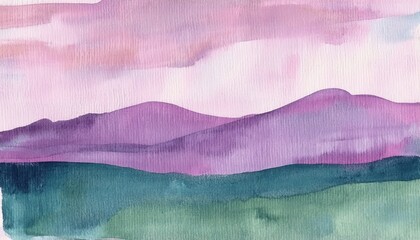 serene watercolor landscape of purple mountains and green hills for web design, poster print, or minimalist branding backdrop

