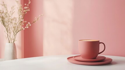 Pink Coffee Cup on White Table with Flowers, Soft Lighting, Interior Setting, Mockup, Studio Shot