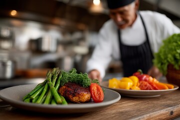 Chef Garnishing Dish at Pass Counter with Blurred Background Staff, Heat Lamps Glowing Above Plated Meals, Vibrant High-Pressure Kitchen Environment, Restaurant Kitchen, Food Preparation
