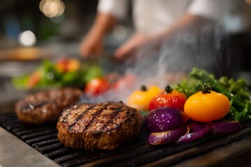 Chef Searing Meat on Grill with Others Preparing Salads in Busy Kitchen, Organized Chaos Mid-Service, Industrial Lighting, Modern Cooking Equipment, Restaurant Culinary Teamwork, Commercial Kitchen