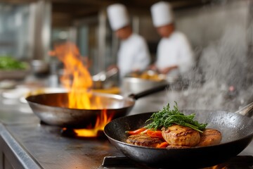 Chefs Working Quickly in Bustling Kitchen with Flames on Stovetop, Blurred Staff Movement, Food Preparation on Counter, Industrial Kitchen Equipment, Commercial Culinary Environment, Restaurant
