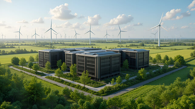 Modern eco-friendly data centers stand amid green fields, renewable energy sources. Solar panels cover building rooftops. Wind turbines generate clean energy. Sustainable tech practices highlighted.