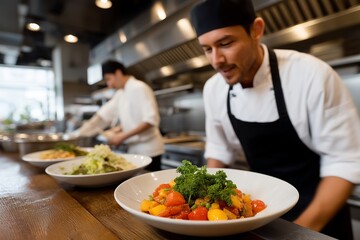Open-Plan Restaurant Kitchen During Dinner Rush with Head Chef Shouting Orders, Sous Chefs Preparing Dishes, Kitchen Porter Loading Dishwasher, Vibrant Energy, Motion Blur, Busy Commercial Kitchen
